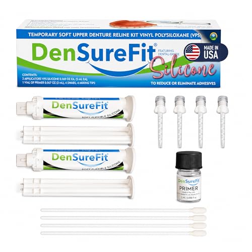 DenSureFit Denture Reline Kit for Upper Denture 3-6 Month Soft Silicone Dentures Repair Set to Refit and Tighten Easy to Use Reline Set with Larger Primer and Applicators for Comfortable Fit