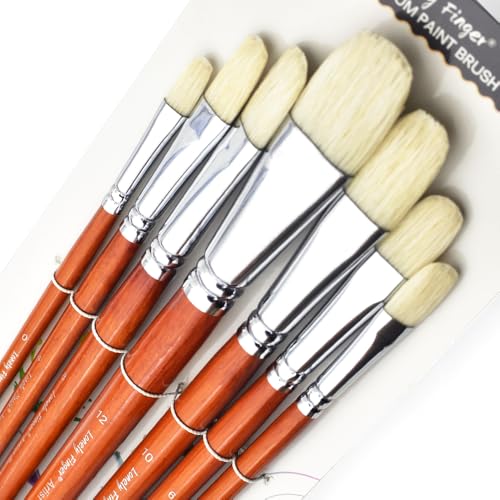 Professional Hog Bristle Filbert Oil Paint Brushes Set, 7pcs Long Wooden Handle Natural Chungking Hog Bristle Acrylic Paint Brush, Great for Oil and Acrylic Painting