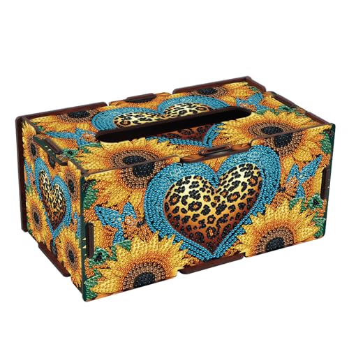 Image of DIY Diamond Painting Tissue Box, Wooden Diamond Art Napkin Holder with Sunflower and Leopard Print Design, Decorative Rhinestone Craft Tabletop Kit for Adults, Desktop Storage Organizer