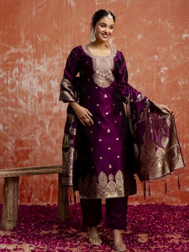 Image of VredeVogel Women's Cotton Silk Blend Zari Work Kurta Pant Set with Jacquard Silk Dupatta | Modern & Traditional Blend Ethnic Wear Set