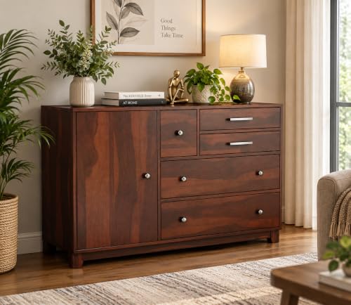 Image of Solid Wood Wooden Sideboard Cabinet with 4 Drawer and 3 Shelves Storage | Multipurpose Storage Cabinet Rack for Bedroom & Living Room (Walnut Finish)