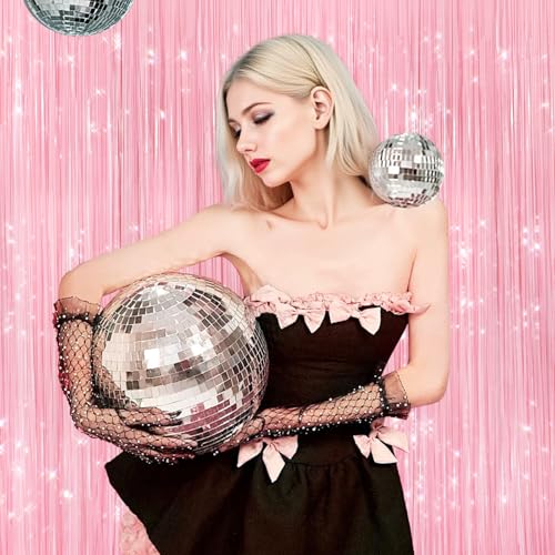 Image of 2Pack Pastel Pink Metallic Tinsel Foil Fringe Curtains, Pink Backdrop, Door Streamers Photo Booth Backdrop for Birthday Party, Tinsel Curtain Backdrop for Shower Bachelorette Xmas Party Decorations