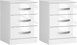 HOMCOM Modern Nightstand Set of 2, Bedside Tables with 3 High Gloss Drawers for Bedroom, White