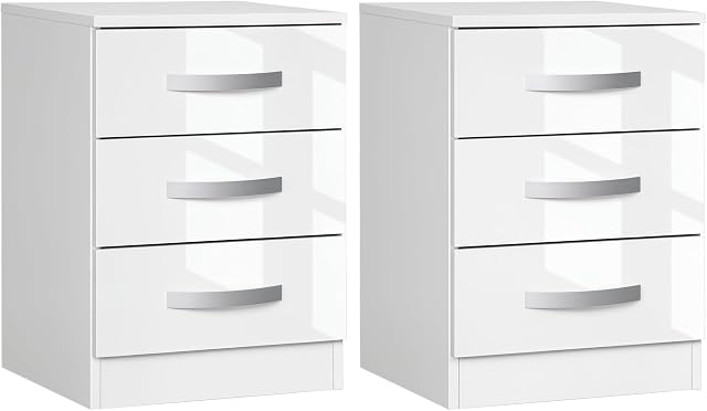 HOMCOM Ensemble de kiosques à nuit modernes 2, Tables de chevet avec 3 Tiroirs haute brillance pour chambre, blanc