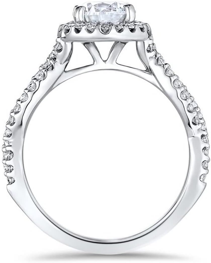Engagement Ring 1.5 CT Twist Halo Moissanite Engagement Rings for Women Platinum Plated Silver