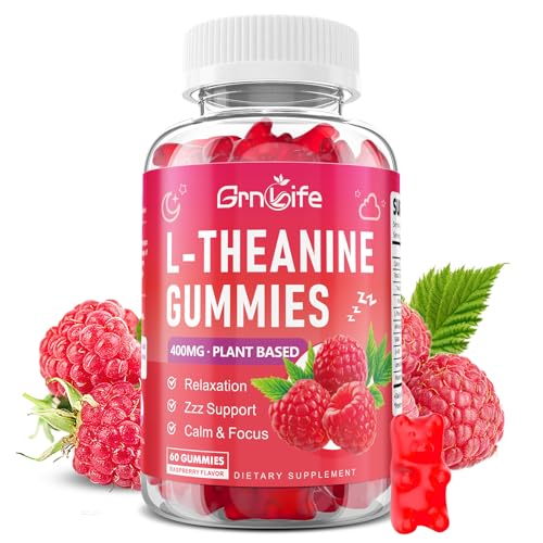 GrnLife L-Theanine Gummies for Kids & Adults, L'Theanine 400mg with Ashwagandha, GABA, 5HTP, L Theanine Supplement for Calm, Zzz & Relaxation Support, Raspberry Flavor, 60 Counts