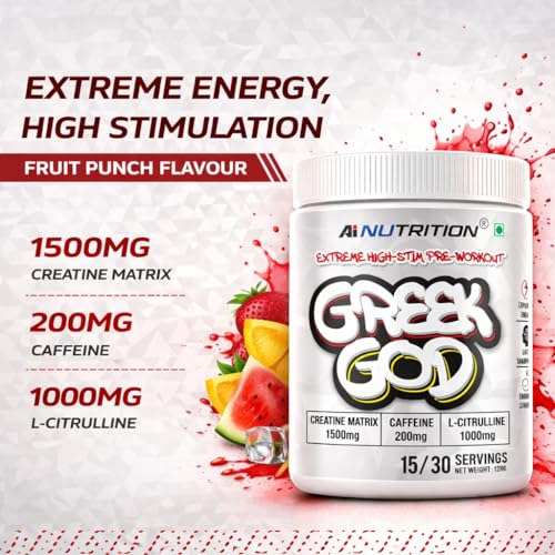 Image of Greek God Pre Workout | Extreme High Stim | 200mg Caffeine, 3000mg Beta-Alanine, 1000mg Citrulline, Black Pepper Extract | Explosive Energy & Focus (15 Servings, Mixed Fruit)