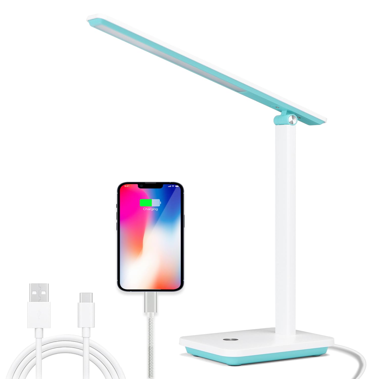 Aigostar lámpara escritorio LED, flexo de escritorio plegable con cable, puerto USB y tipo C, 3 modos y 4 niveles de brillo, función de memoria, flexible ajustable, control táctil, blanco-Verde