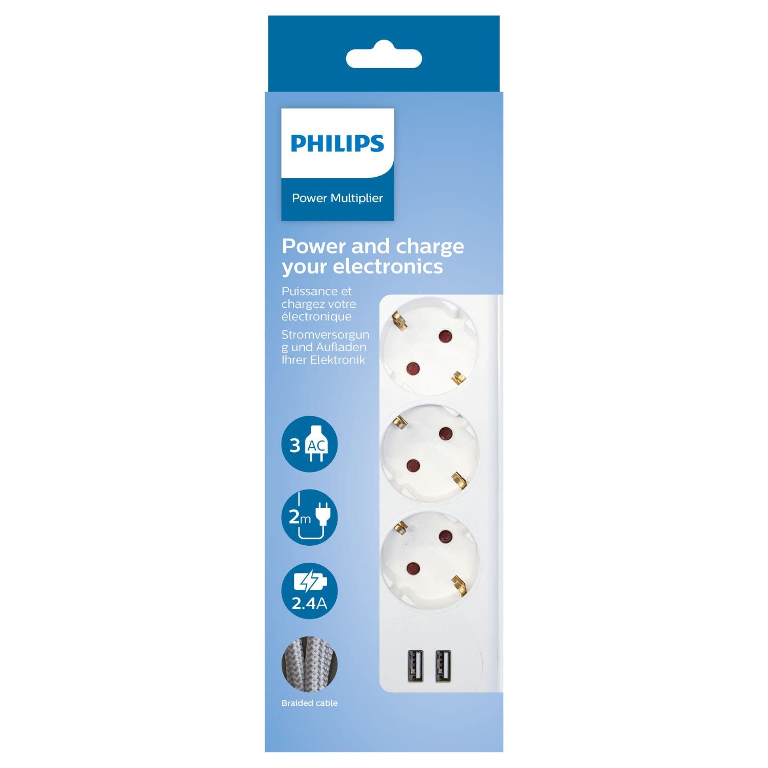 Philips Multiprise 3 Voies - SPN3032WA/10-230 V - Blanc - avec Ports USB