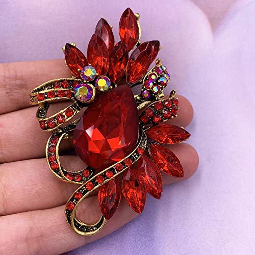 Selovo Vintage Style Statement Red Leaf Scarf Shawl Brooch Pin Crystal Antiqued Gold Tone #TOP1