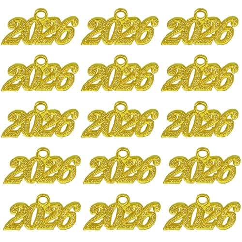Juthfer 50 pieces 2026 Year Charm for Graduation Tassel Graduation Charm Pendant for DIY Jewelry Making (gold 2026)