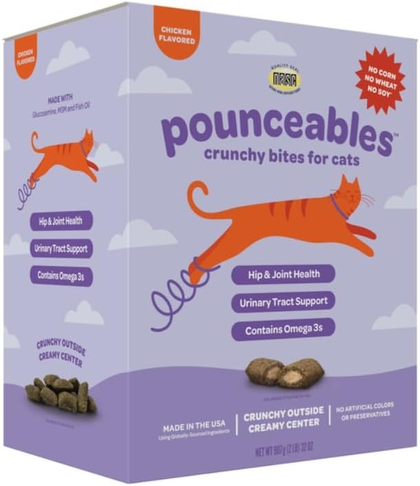 Pounceables Crunchy Bites for Cats, Chicken Flavor, 32 Ounce, Hip and Joint Health, Urinary Tract Support, No Corn, Wheat or Soy, No Artificial Colors or Preservatives, Contains Omega 3's