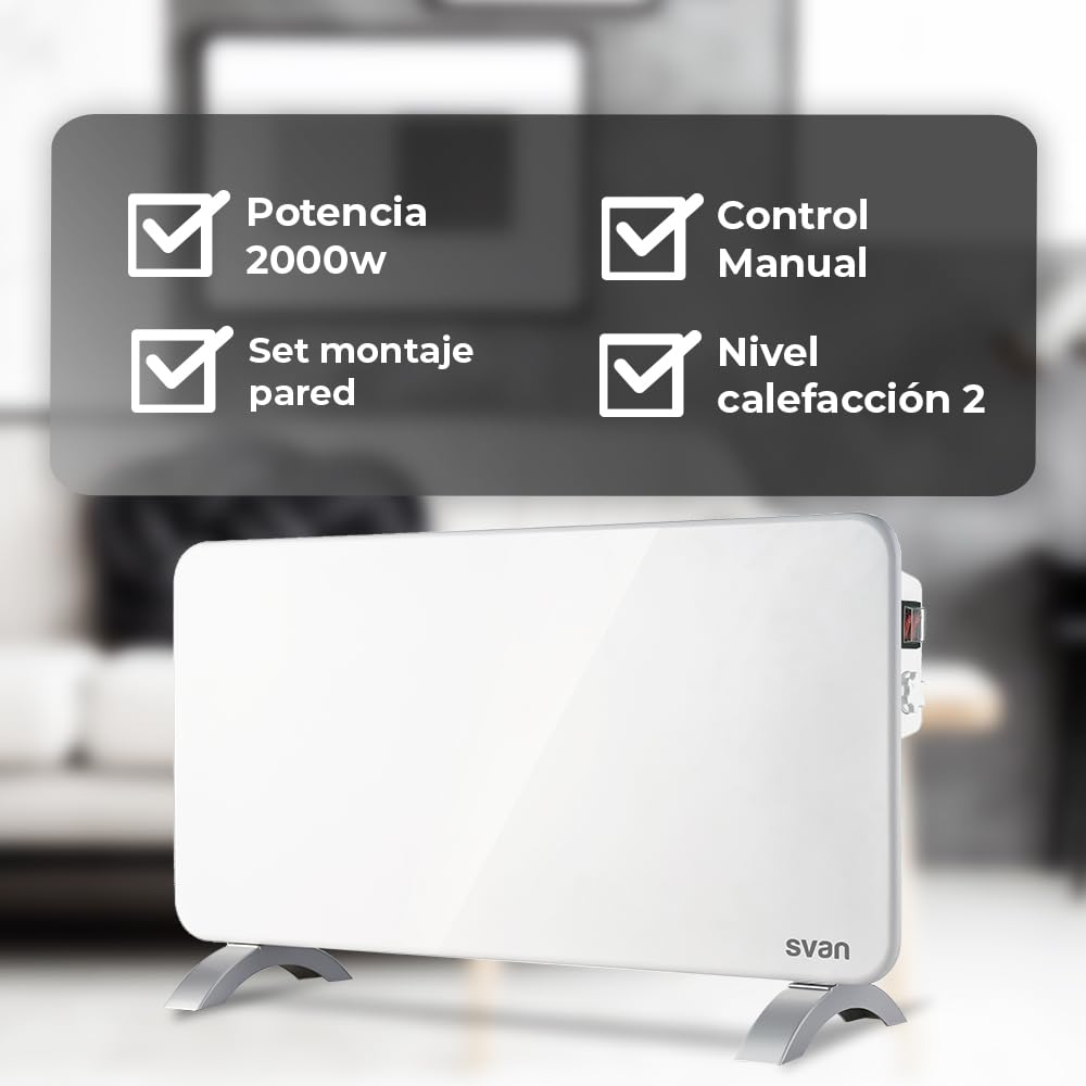 Svan Radiador Plano Eléctrico Bajo Consumo, 2 Niveles de Potencia, 2000 W, Termostato Mecánico, Protección Sobrecalentamiento, Soporte con Patas, Blanco