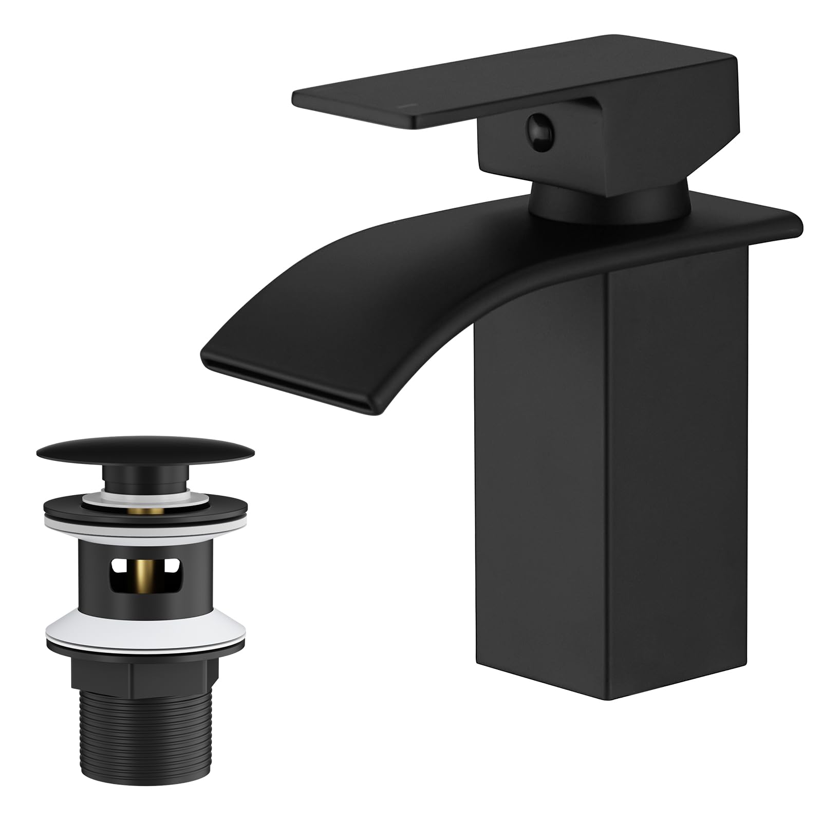 Besy Matte Black Waterfall Spout Bathroom Sink Mixer Taps,Single Handle Basin Mixer Tap, Lavatory Vessel Faucet,Stainless Steel, Vanity Tap
