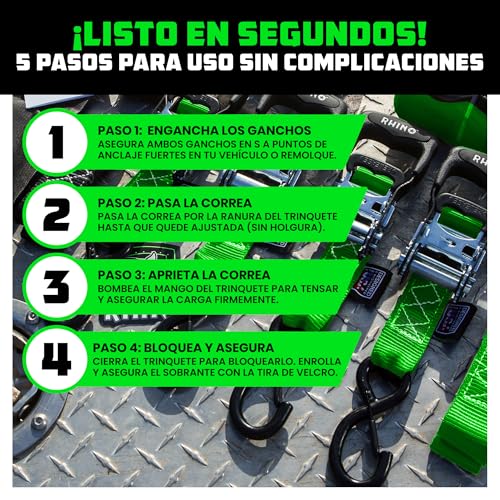 Miniatura 6 de Rhino Usa Kit Correas De Amarre Servicio Pesado Paqeute De 2 4cmx2,4m 2000kg De Resistencia A La Rotura - Cinchas Fijación Últimas Con Ganchos De Seguridad Para Camionetas, Atv, Utv, Motos-Verde