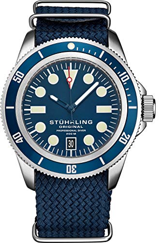 Stuhrling Original Watches for Men - Dive Watch-Sports Watch for Men with Screw Down Crown for Water Resistant to 200M - Nylon Analog Watch Japanese Quartz Watch Movement - Mens Watches (Black)