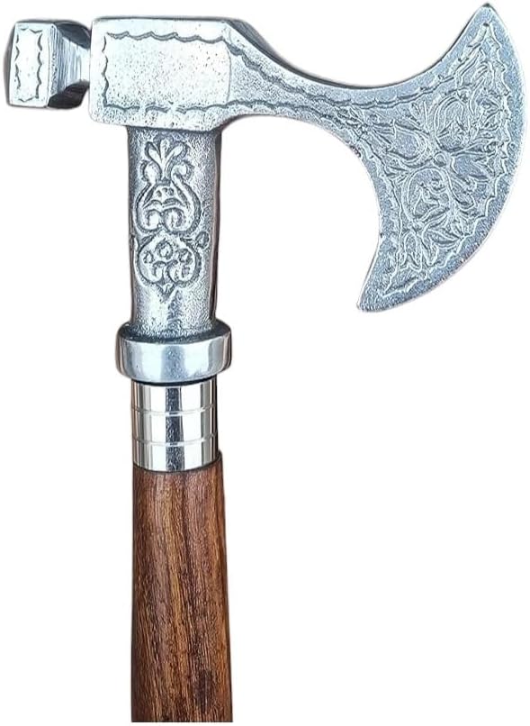 Bastón de madera marrón liso con mango de cabeza de hacha de latón plateado victoriano, mejor para regalo