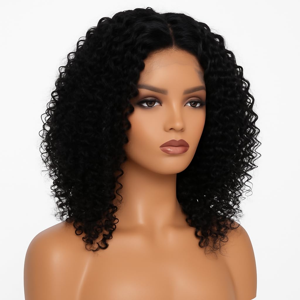 Curly Human Hair 4x4 Lace Closure Wig For Women, Girls, Glueless, Middle Part, Soft Bouncy Curls, Adjustable Band, Natural Black Brown Color (NATURAL BROWN, 12'' INCHES)-image-44