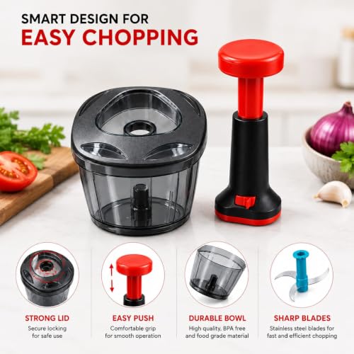 Image of TheXpert Chopper for Kitchen Use, Vegetable Chopper 750ml with 3 Blades | Vegetable chopper for kitchen with 3 sharp stainless steel blades for quick and even cutting
