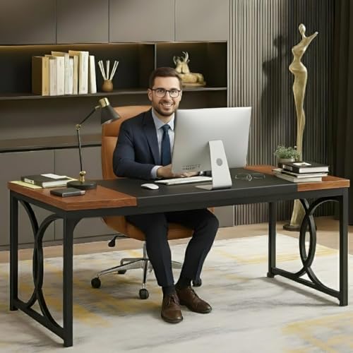Image of TEKAVO Large Office Table | 160 CM | Computer Table for Home Office | D Type | Black & Rustic Brown - DIY