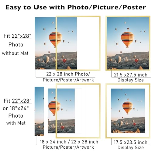 Image of JCJMY 22x28 Picture Frame with 18x24 Mat, Display Photo 18x24 with Mat or 22 x 28 Without Mat, Wall Hanging Large 22 by 28 Poster Frame with Plexiglass, Gold