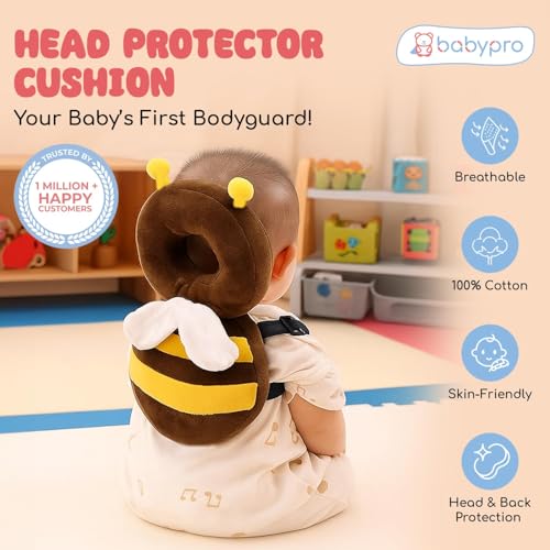 Image of BabyPro Bee-Shaped Head Protector for Toddlers Back Protection | Infant Headguard with Adjustable Straps, Lightweight, Soft Padding Cushion