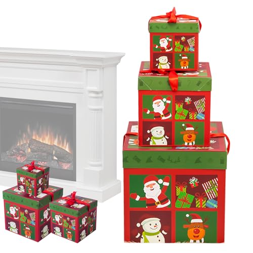 Cajas apilables de Navidad – 22 x 22 x 22 cm, decoración navideña, juego de envoltura de regalo de cartón, 3 piezas, diseño de Papá Noel, muñeco de nieve, alce con impresiones festivas de árbol |
