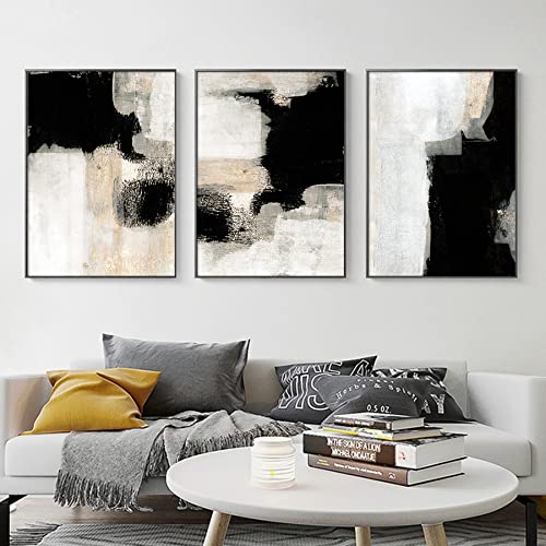 YIIBZBGY Modern Abstract Black White & Beige Wall Art, 16x24in Set of 3, Unframed Canvas Art Print for Living Room