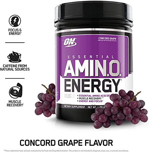 Image of Optimum Nutrition Amino Energy Powder, Concord Grape, 20.6 Ounce, 65 Servings with Essential Amino Energy Plus Electrolyes Sparkling Drink, Grape, 12 Count - Bundle Pack