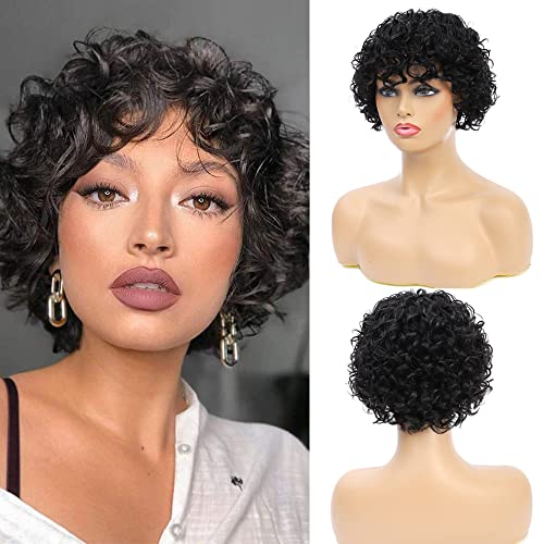 Pixie Cut Short Curly Human Hair Wigs For Black Women Bob Wigs Deep Water Wave None Lace Front Wigs Human Hair Curly Wigs With Bangs 8inch