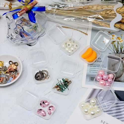 Image of Honbay 50PCS Mini Square Storage Containers Plastic Clear Earplugs Organizer Case Small Bead Storage Box with Hinged Lid for Tiny Beads Jewelry Accessories Hardware Screws Nail Pills