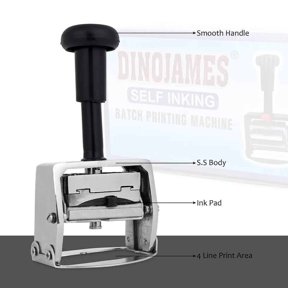 Image of DinoJames SG666 Mini Batch Coding Machine - 2mm Letter Size, 7-Line Max, 60x40mm Printing Area, Heavy-Duty Manual Printer for Expiry Date, MRP & Batch Marking (2mm Dotted)