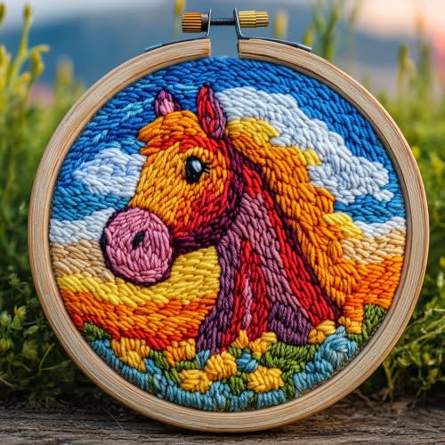 Image of DIY Punch Needle Kits Horse with Sunset with Hoop 20x20cm-2 | with Pattern Stamped Easy for Beginners Embroidery Punch Needle Starter Craft Set for Adults Festival Gift and Decoration