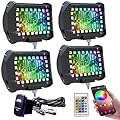 FEELON 4PCS 4" inch LED Pods Flood Work Light Bar with Multi-Color Chasing RGB Halo 16 Solid Colors Over 92 Flashing Modes Offroad Pods Lights LED Driving Lamp Fog Lights with Switch Wiring Harness