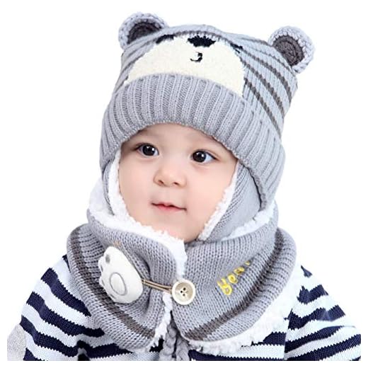 Bozaap Vinter babymössor, småbarn vinter varm halsduk hatt halsvärmare söt stickad mössa halsduk set baby öronlapp mössa hatt med halsduk (grå)