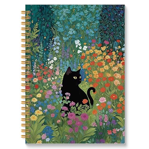 Carnet à spirales chat noir Wildflower de haute qualité - Cahier de notes élégant 14 x 21 cm