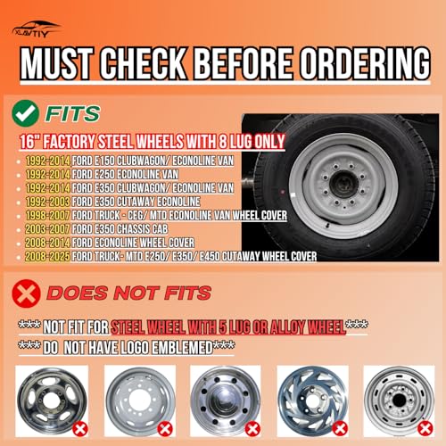16 Inch Hubcaps Compatible with 1992-2014 Ford E150 E250 E350 Van, Gloss Black Wheel Covers for Factory 8 Lug Steel Wheels, F8UZ-1130-AA Replacement, Snap-On Hubcap Set of 4 (Black) by XLAVTIY - Used condition - Image 4