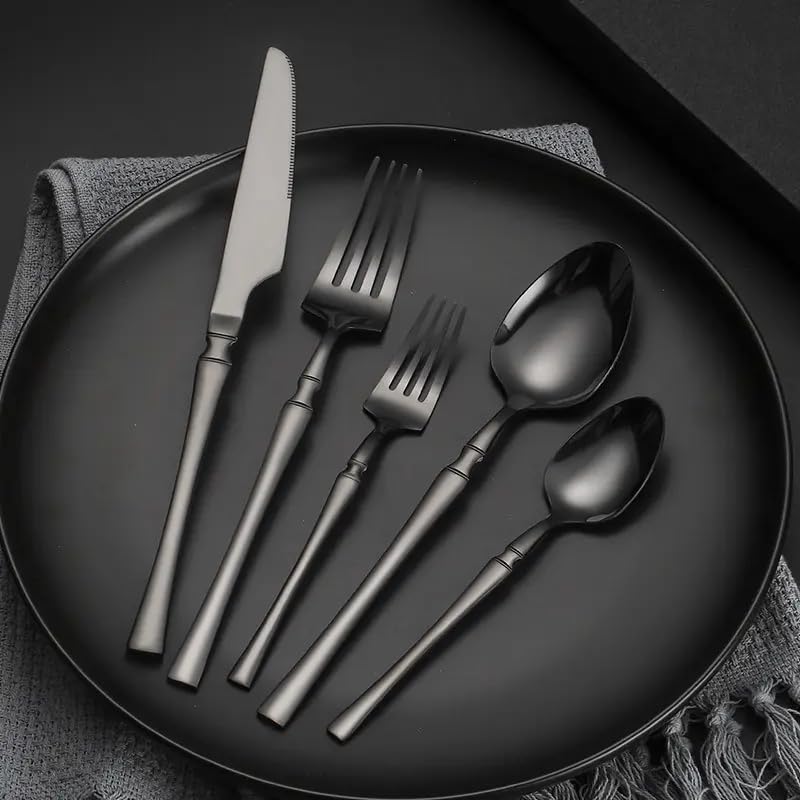 Image of aDai Matte Black Silverware Set | Satin Finish 4-Piece Korean Vintage Style Flatware Set | Dishwasher Safe Stainless Steel Cutlery for Home, Restaurant & Gifting