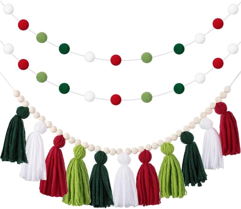 Miniatura 7 de BetterJonny Decoración bohemia para colgar en la pared, pancarta de borla pastel con cuentas de madera y 2 guirnaldas de bolas de fieltro con Estilo