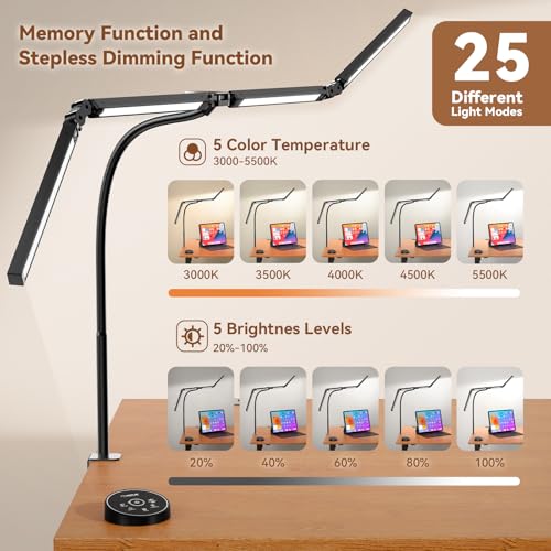 Image of Pzloz Led Desk Lamps for Home Office - Eye Caring Architect Lamp with Clamp, Double Head Computer Monitor Work Desk Light with Remote Control: 24W Flexible Dimmable Desktop Table Lamp