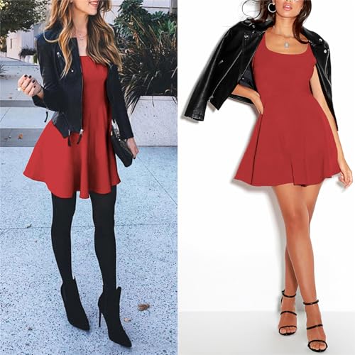 Image of FANCYINN Women's Short V-Back Dress U-Neck Inslace Hem Wide Straps Tank Mini Skater Cocktail Dresses