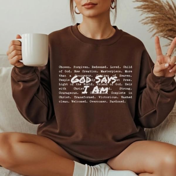 FITIN Unisex Faith-Based “God Says I Am” Graphic Crewneck Sweatshirt – Christian Inspirational Cozy Pullover