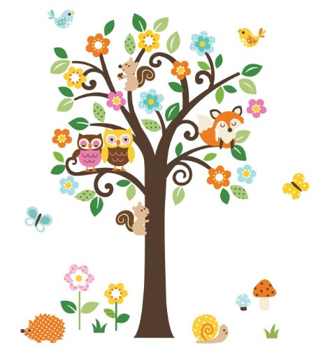 Giant Peel & Stick Nursery Decal - Forest Animals & Flowers Tree Wall Art Sticker Decals (Tree Assembles 4.7 Feet Tall)