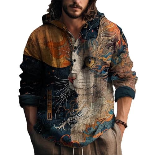 MARSVOVO Japanese Art Animal Hooded Shirt for Men Long Sleeve Quarter Button Lightweight Hoodie Cool Streetwear Tops