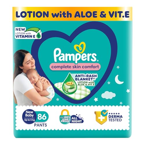 Image of Pampers Complete Skin Comfort Pants, (NB,XS) 86 Count Anti-Rash Blanket, Lotion with Vitamin E & Aloe Vera, New Born, Extra Small Size Baby Diapers, Upto 5kg