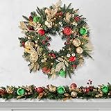 Christmas Lighted Wreath for Front Door, 28 Inches Pre-Lit 35 LED Lights, Red and Green Classic Artificial Holiday Wreath for Indoor Outdoor Home Decorations