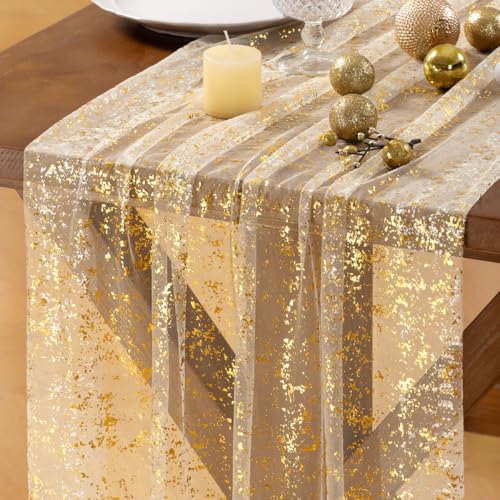 Socomi Gold Table Runner Beige Gauze Sheer Chiffon Cheesecloth Sequin...