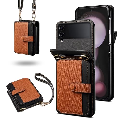 Coque Samsung Z Flip 4 étui portefeuille cuir amovible lanière bandoulière brun