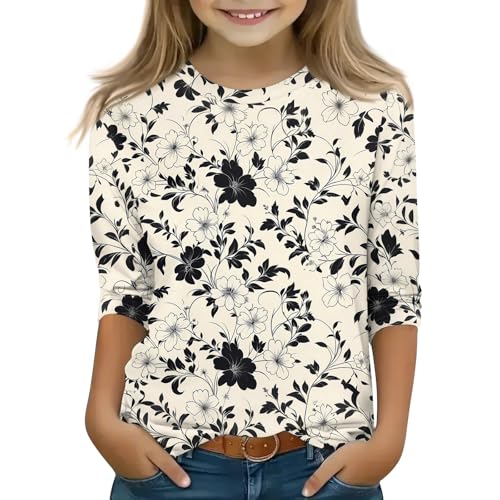 Girls Summer Tops 3/4 Length Sleeve Fall Shirts Comfy Round Neck Shirts 1/2 Sleeve Floral Vacation Outfits 3-14 Years
