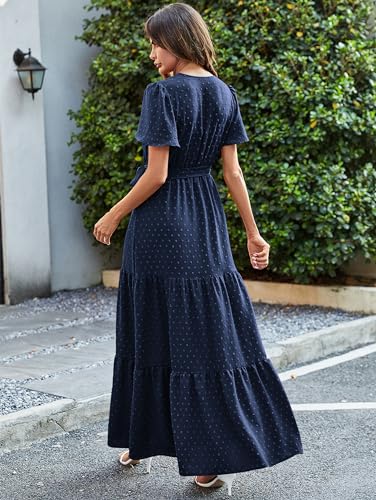 Image of MASCOMODA Women Boho Swiss Dot Maxi Dresses Wrap V Neck Flutter Short Sleeve Solid Tie Waist A Line Tiered Flowy Long Dresses